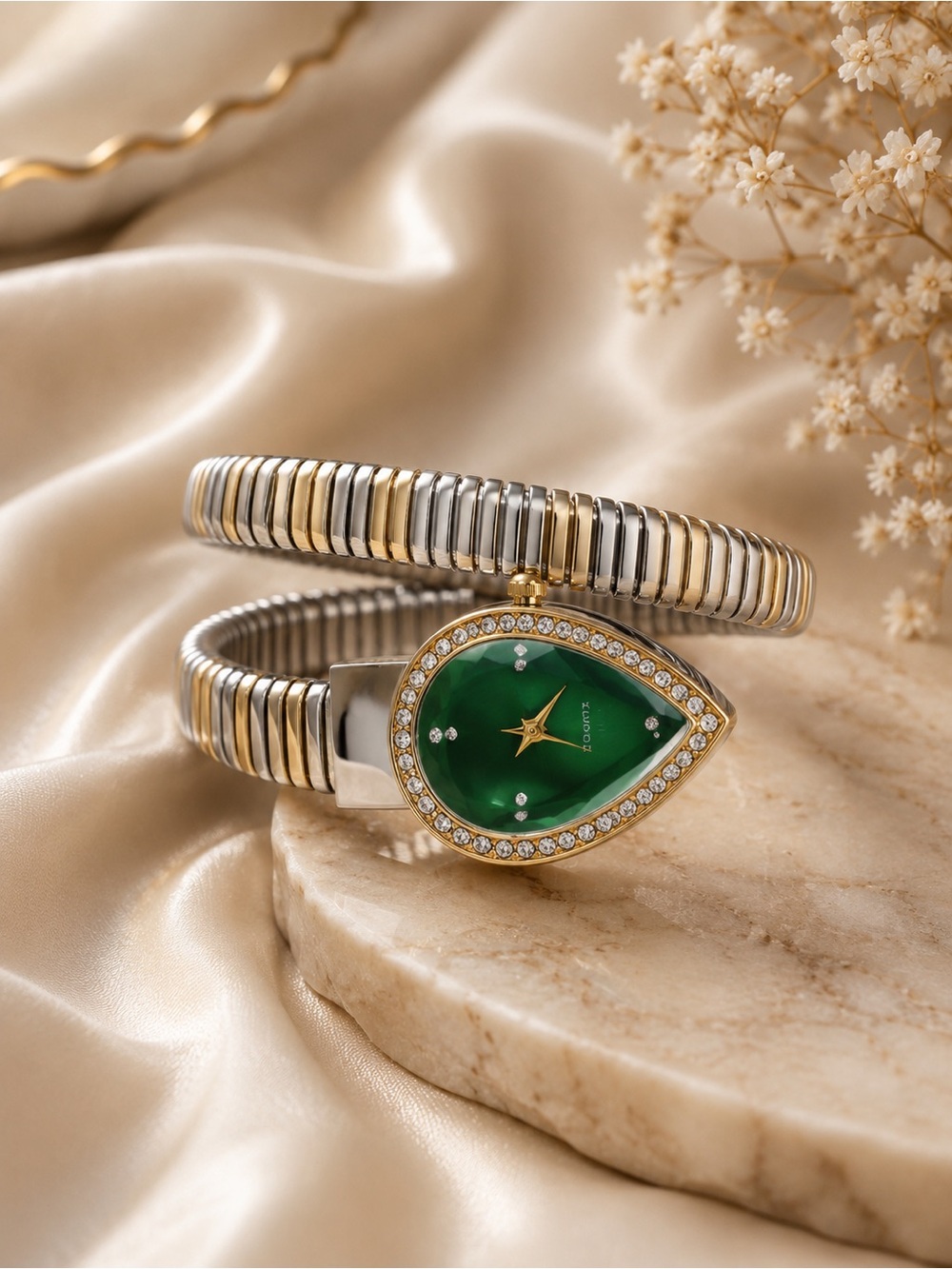 Anthropologie Two-Tone Gold & Silver Teardrop Green Dial Crystal Watch